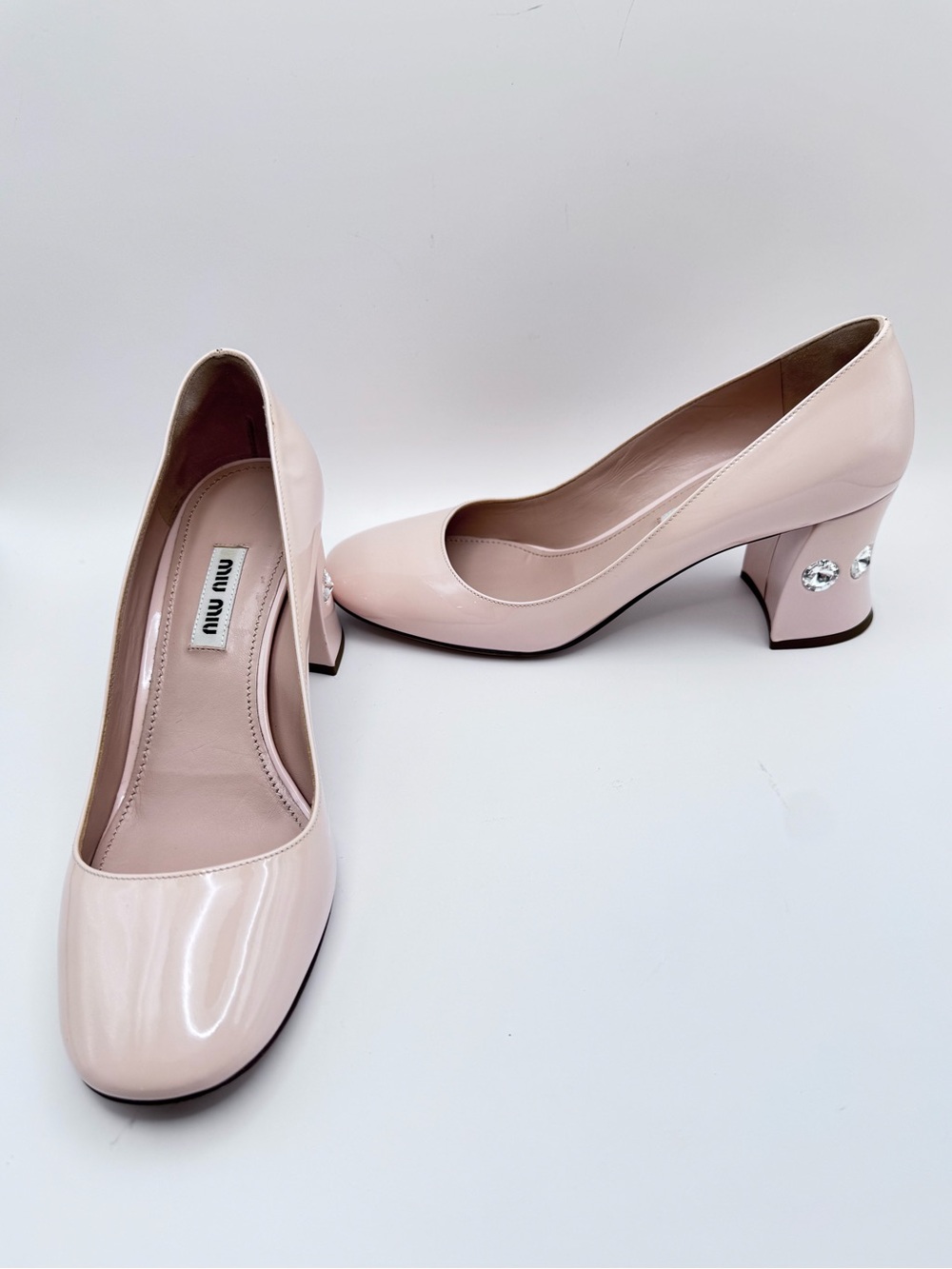 Miu Miu Pale Pink Patent Leather Crystal Block Heel Pumps Size 36 US 6 Italy